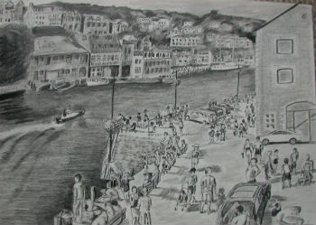 Pencil drawing of Looe harbour by Peter Heywood