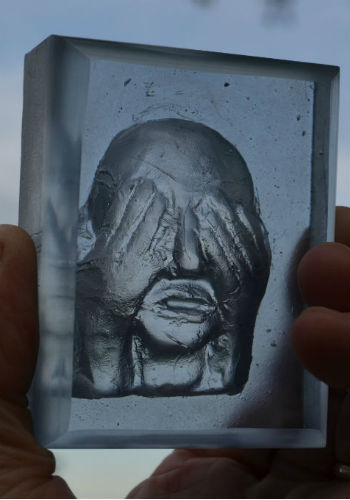 See no evil glass block by Peter Heywood