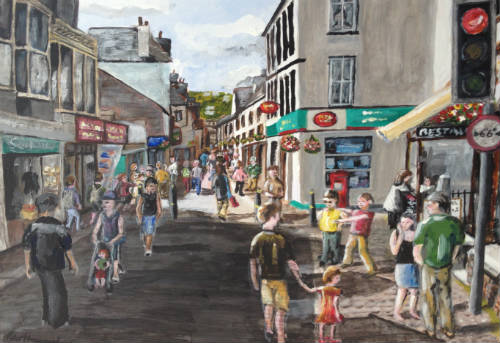 Painting of Looe Fore St. in acrylics by Peter Heywood