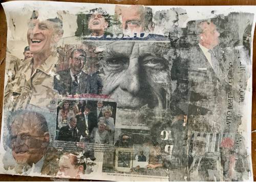 Collage comprising multiple images of Duke of Edinburgh, recently deceased 