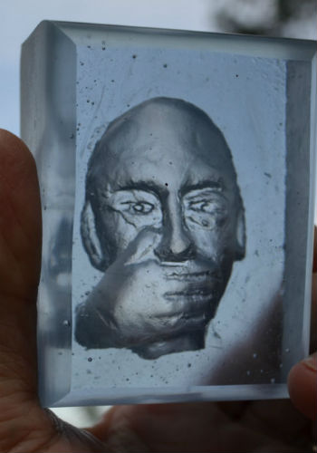 Speak no evil glass block by Peter Heywood