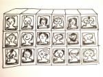 Sketch of ceramic sculpture, heads in boxes installation, by peter heywood