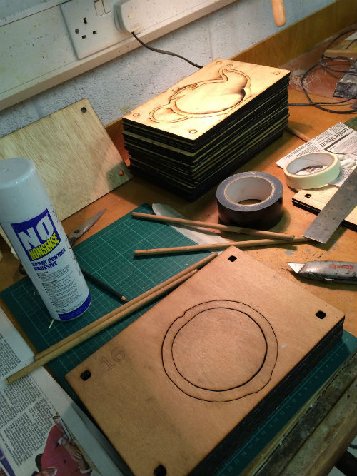 Gluing together plywood to make a teapot